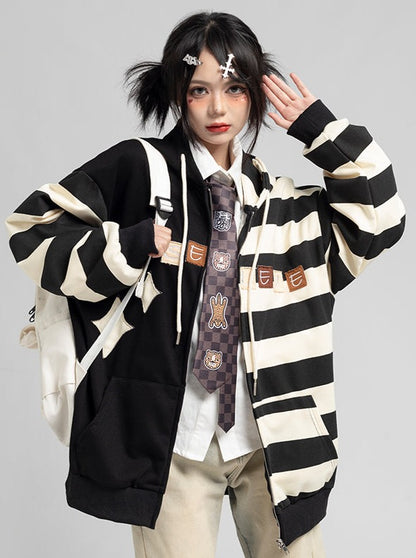 Asymmetrical Striped Hooded Parka