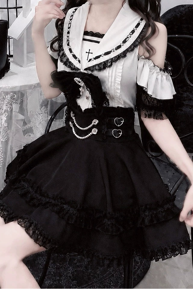 [Pre-order Deadline: August 30] Black and White Lace Sailor Gothic Open-Shoulder Short-Sleeve Ribbon Shirt + Pearl Chain Frill Skirt