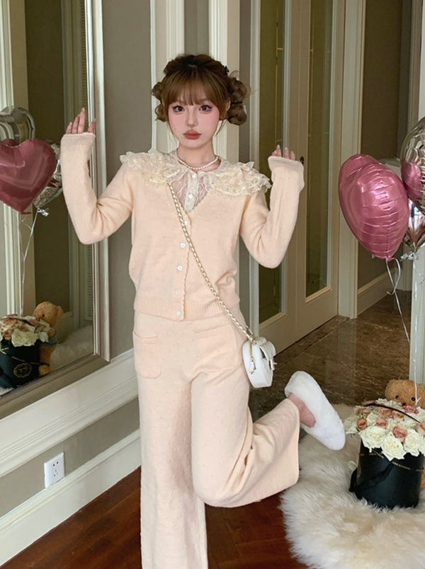 French Pattern Sweater Cardigan + Long Pants