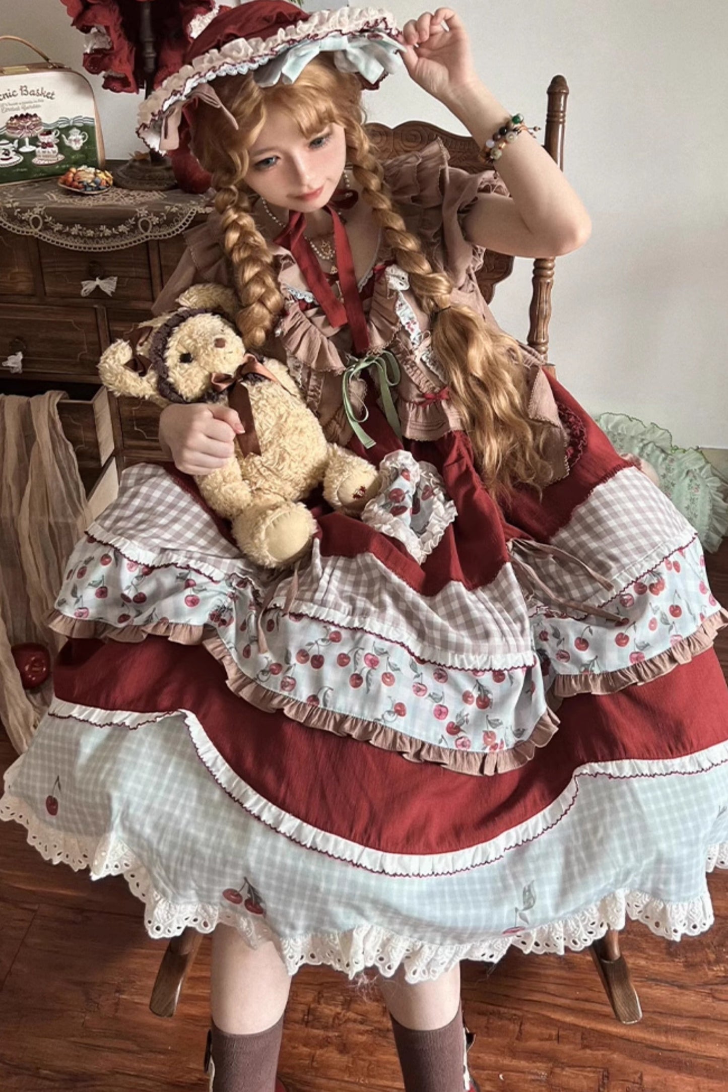 Retro Doll Cherry Check Lolita Dress