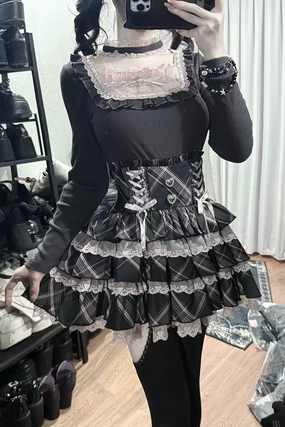 [Pre-order Deadline: October 30] Black Pink Lace Trim Square Neck Choker Design Knit Top + Lace Trim Plaid Tiered Skirt