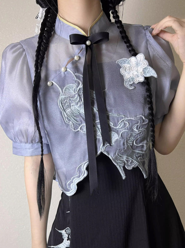 Sheer short china shirt + suspender dress [short and long] + bag