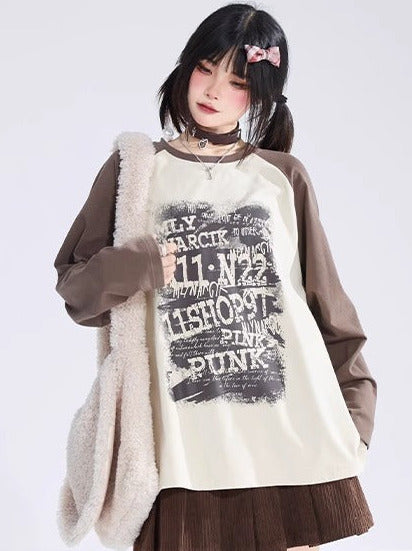 Loose Casual Colour Colour Block Block Raglan Sleeve Letter Printed Long T