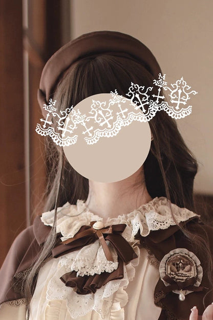 フレンチブラウンヴィンテージロリータドレス+ケープ+ベレー帽+バッジ