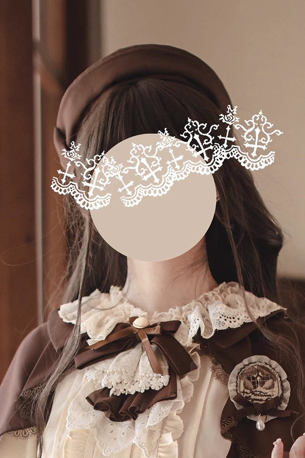 フレンチブラウンヴィンテージロリータドレス+ケープ+ベレー帽+バッジ