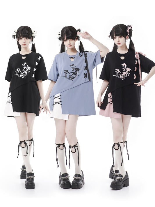 チャイナストラップステッチイレギュラーTシャツワンピース