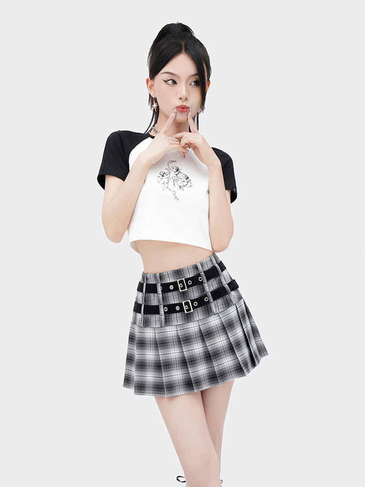 Cool Spicy Eyelet Twin Belt Pleated Skirt