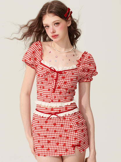 [Reservations] Cheese Red Check Puff Sleeve Top + Tight Slit Skirt