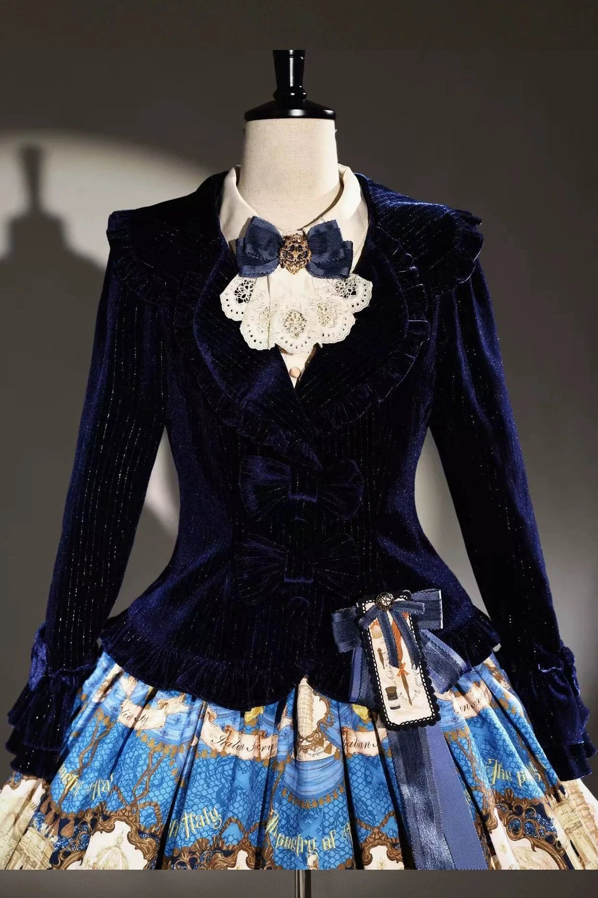 [Reservation Deadline: November 6] Navy Blue/Brown Classic Italian Travel Diary Lolita Silver Thread Velvet Stripe Ribbon Frill Jacket