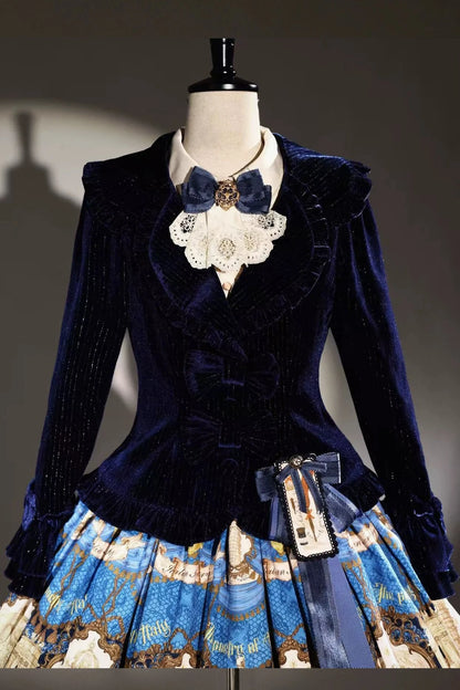 [Reservation Deadline: November 6] Navy Blue/Brown Classic Italian Travel Diary Lolita Silver Thread Velvet Stripe Ribbon Frill Jacket