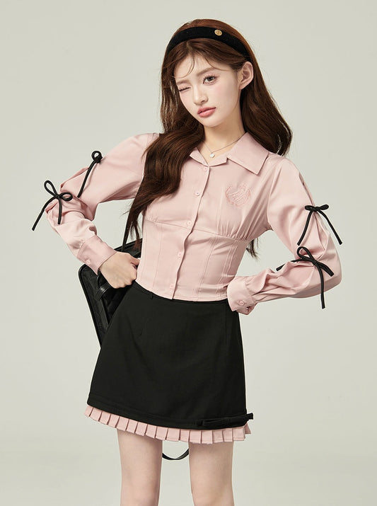 Ribbon waist mark top + ruffle skirt