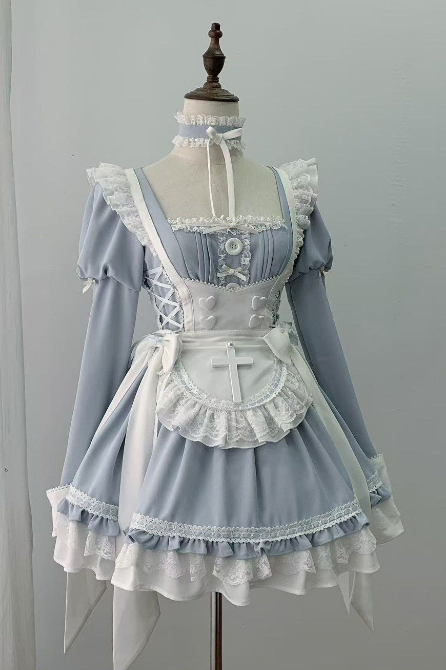 【4月15日预售截止】水蓝色医疗蕾丝交叉围裙连衣裙+项圈