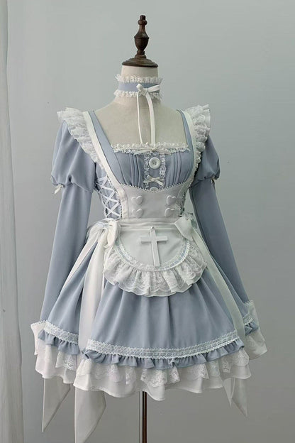 【4月15日预售截止】水蓝色医疗蕾丝交叉围裙连衣裙+项圈