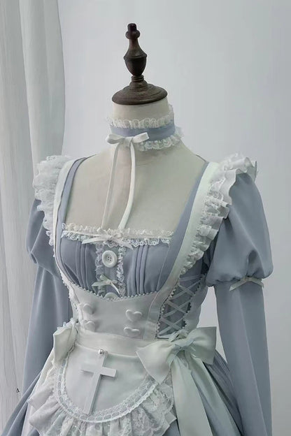 【4月15日预售截止】水蓝色医疗蕾丝交叉围裙连衣裙+项圈