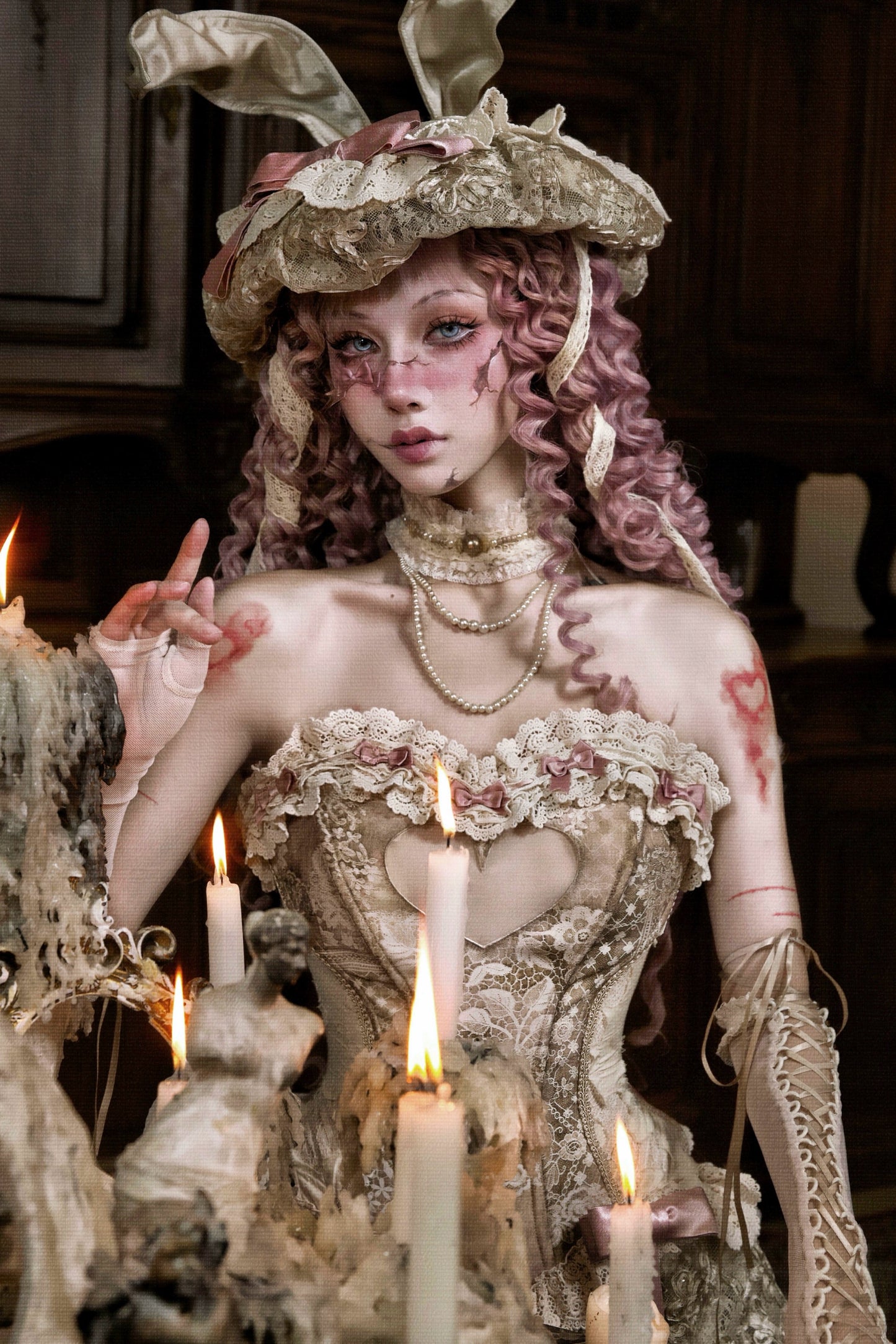 ラブフィッシュボーンコルセットロココフレンチチュニックトリムトップス＋スリーブ＋スリムリボン＋レッグカバー＋チョーカー