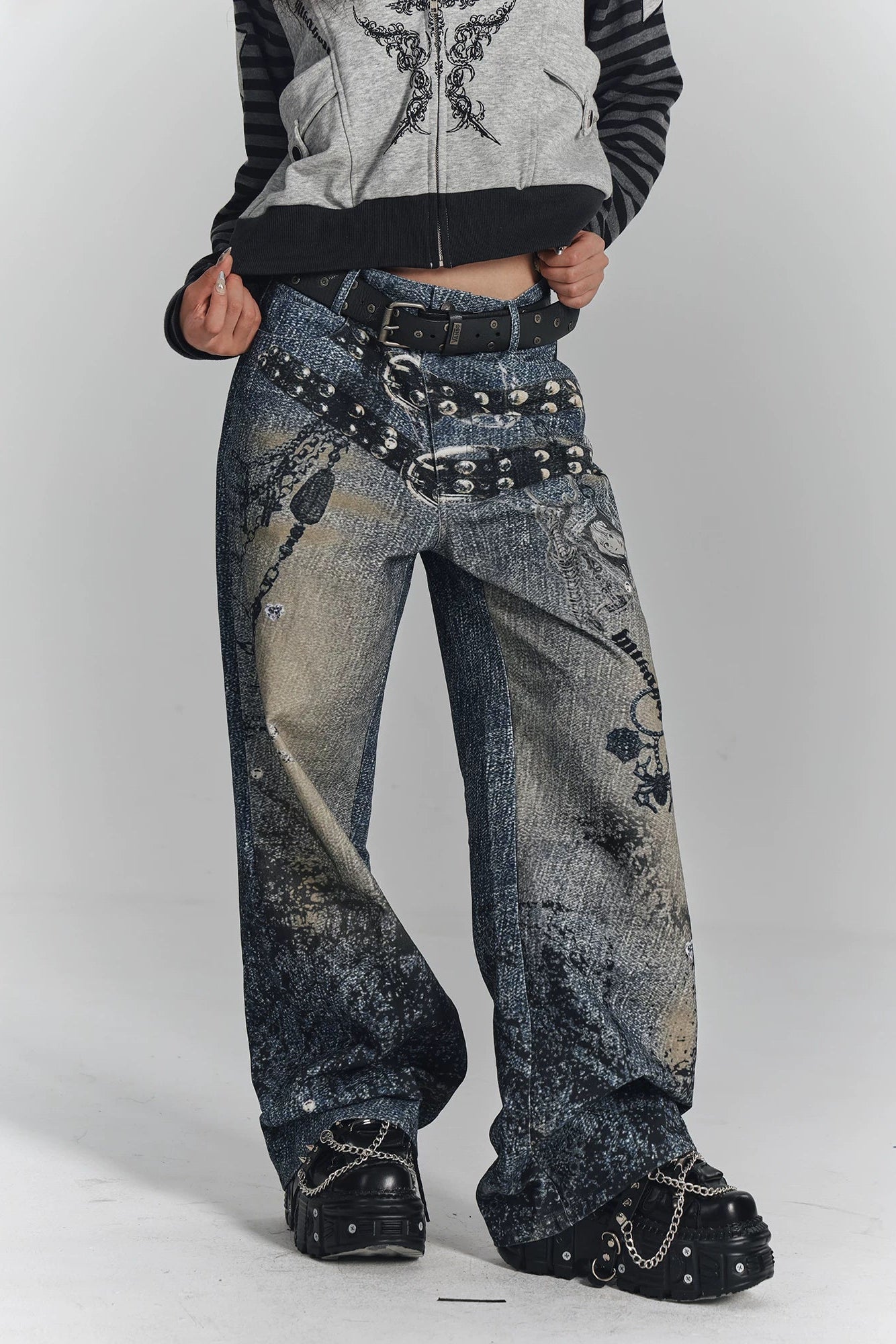 レトロデジタルプリントデニムパンツ