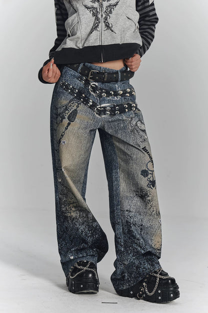 レトロデジタルプリントデニムパンツ