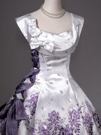 【10月4日予約締切】Black Purple/White Purple Floral Elegant Lolita Satin Side Ribbon Dress