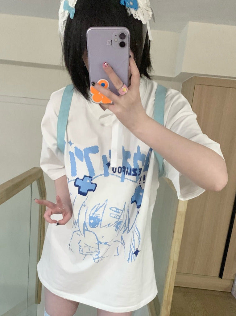 天使界隈👼】ガールイラストドロップショルダーサブカルTシャツ – Belchic