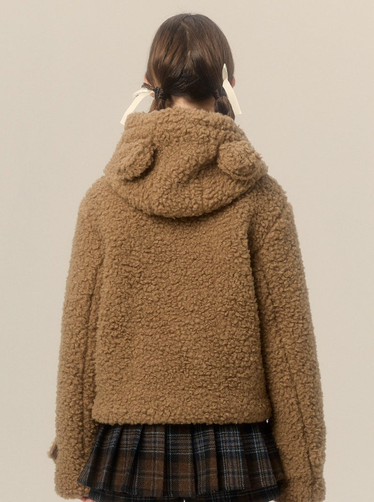 Bear Hooded Horn Button Short Lamb Wool Coat