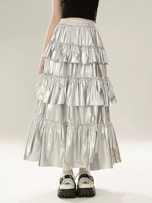 11SH97 metallic silver cake skirt women's summer high-waisted midi skirt to cover the flesh and swing small long skirt