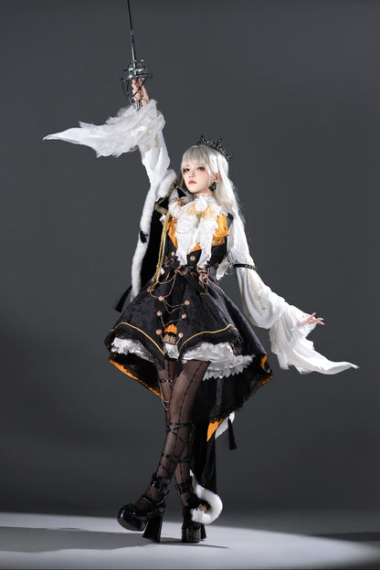 [Reservation Deadline: December 2] Royal Gothic Military Dress Coordinated Set (Shirt + Skirt + Long Vest with Train + One-Shoulder Fur Cape + Accessories)