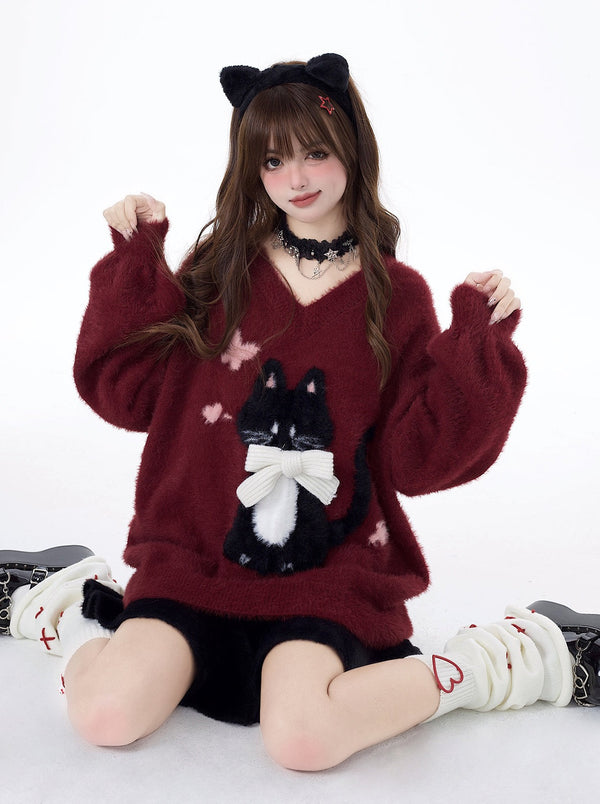 Crazy Girl Cat Bow V-Neck Over Knit