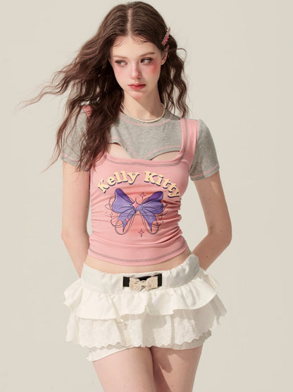 [En vente le 31 mai à 20 heures] Shao also eye sweetheart vntage fake two pink T-shirt women's summer shoulders