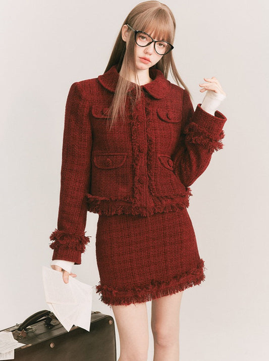 Little Cherry Tweed Jacket + Tweed Tight Skirt