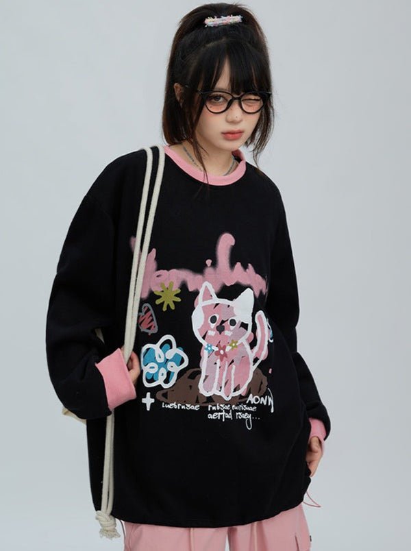 Art Design Contrast Color Round Neck Top