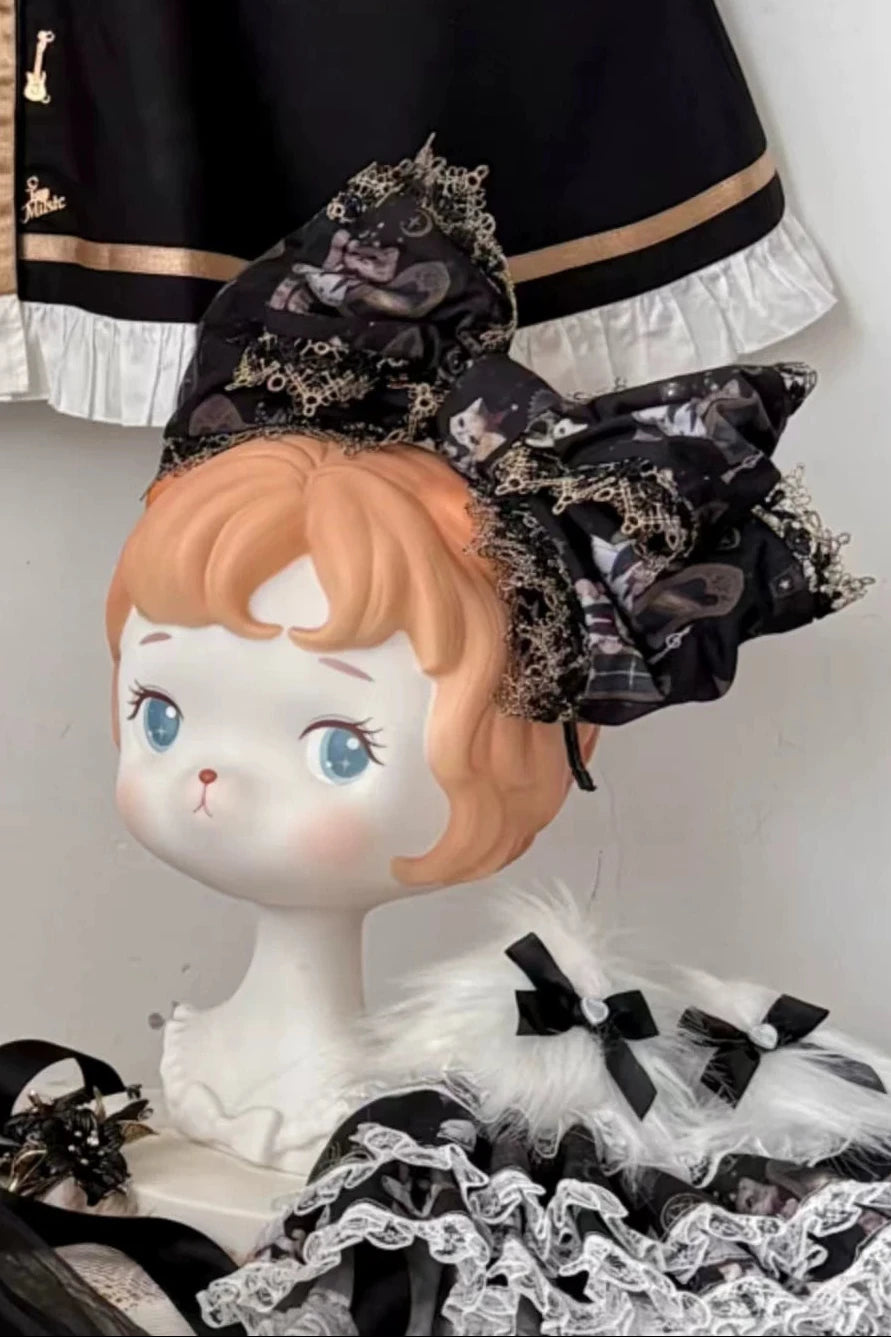 Reservation Deadline: December 26 Black Gold Gothic Lolita Cat Choir Series Accessories (Cat Ear BB Hat + Back Ribbon Train + Pair of Side Ribbons with Musical Note and Cross Motifs + Cat Print Ribbon KC + Black Cat Ear Lace Mini Hat)