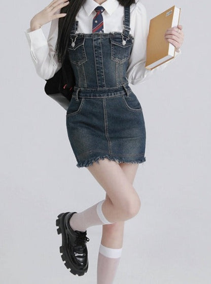 Retro wash denim strap dress