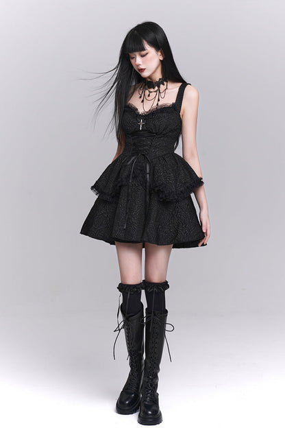 Gothic Style Neck Short Top + Suspender Dress