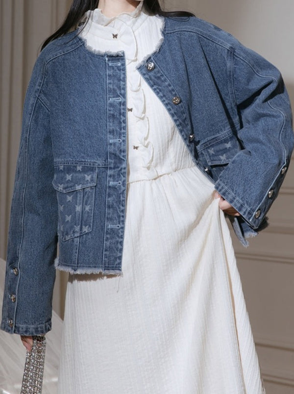 Veste papillon bleu denim romantique + Robe caraco papillon en denim