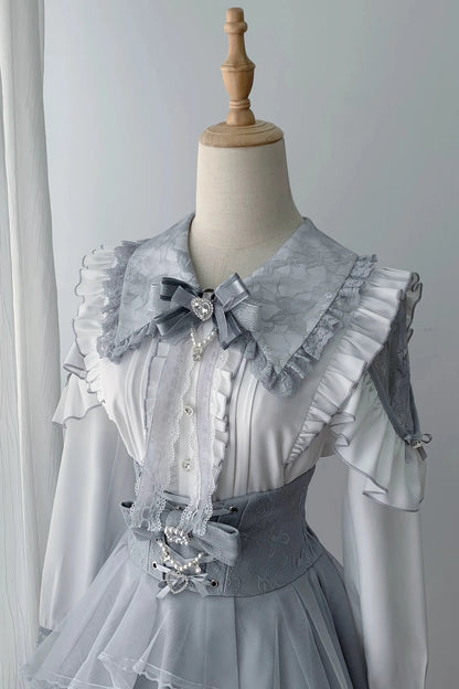 【11月15日予約締切】Light Blue Lace Collar Frill Shirt + Pearl Bow Layered Lace Skirt + Rhinestone Ribbon Tie