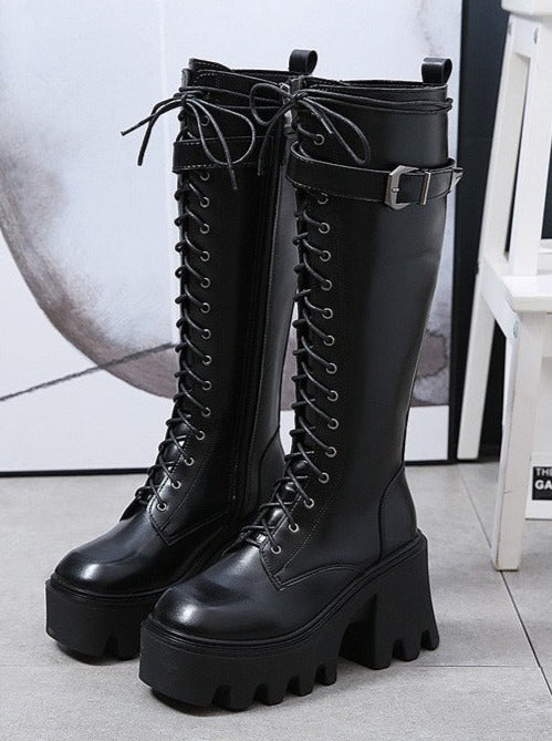 Punk Square Toe Belt Buckle Strap Medium Boots