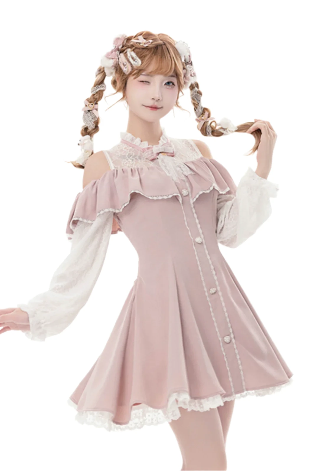 [Reservation product] Race frills off -shoulder dress