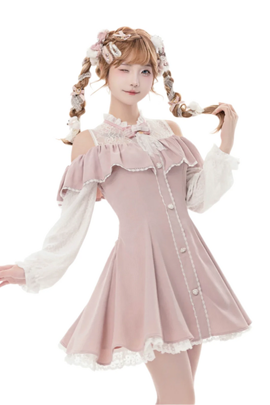 [Reservation product] Race frills off -shoulder dress