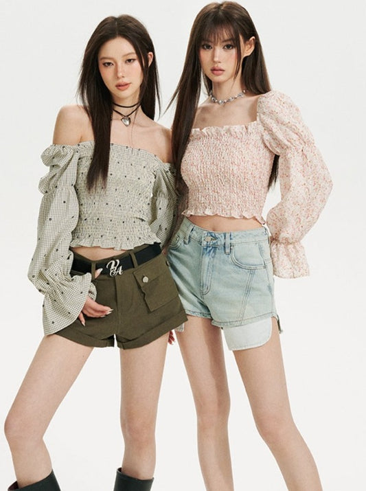 ショルダーチェックフラワートップス