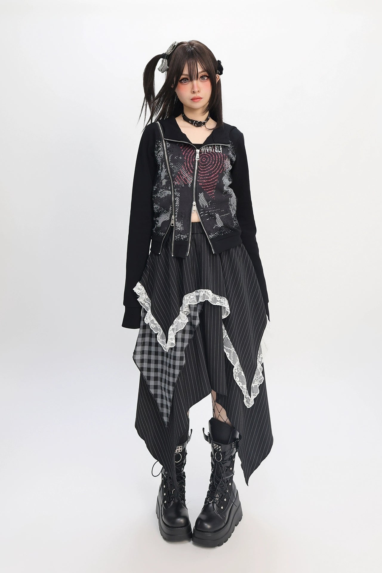 パッチワークアシメストライプチェックレーススカート