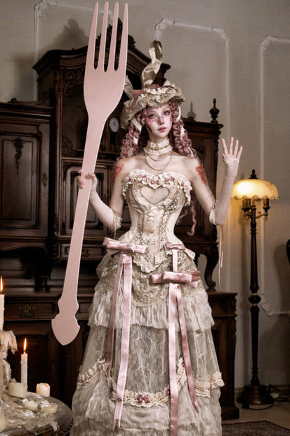 French Elegant Lolita Long Skirt + Hip Cushion Brace Skirt + Big Bow