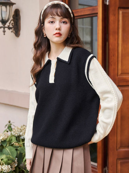 Polo collar faux two-piece knit sweater