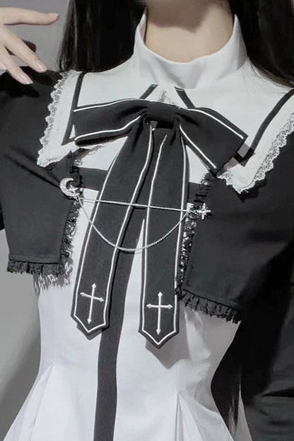 【9月15日予約締切】Black And White Cross Ribbon Frill Lace Academy Dress＋Gothic Chain Cropped Bolero Jacket