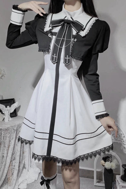 【9月15日予約締切】Black And White Cross Ribbon Frill Lace Academy Dress＋Gothic Chain Cropped Bolero Jacket