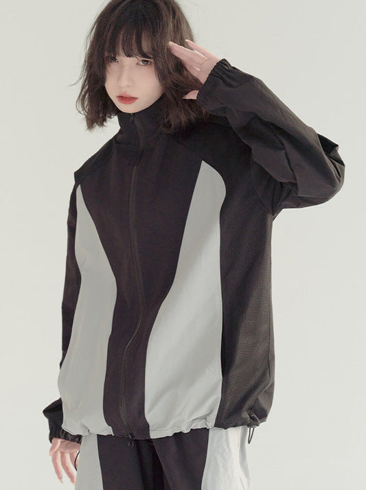 Nähte in Kontrastfarbe Stehkragen Lose Sportjacke