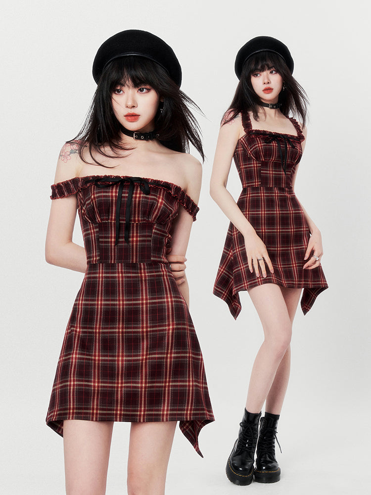 French Retro Check Ilehem Frill Ribbon Sas Dress