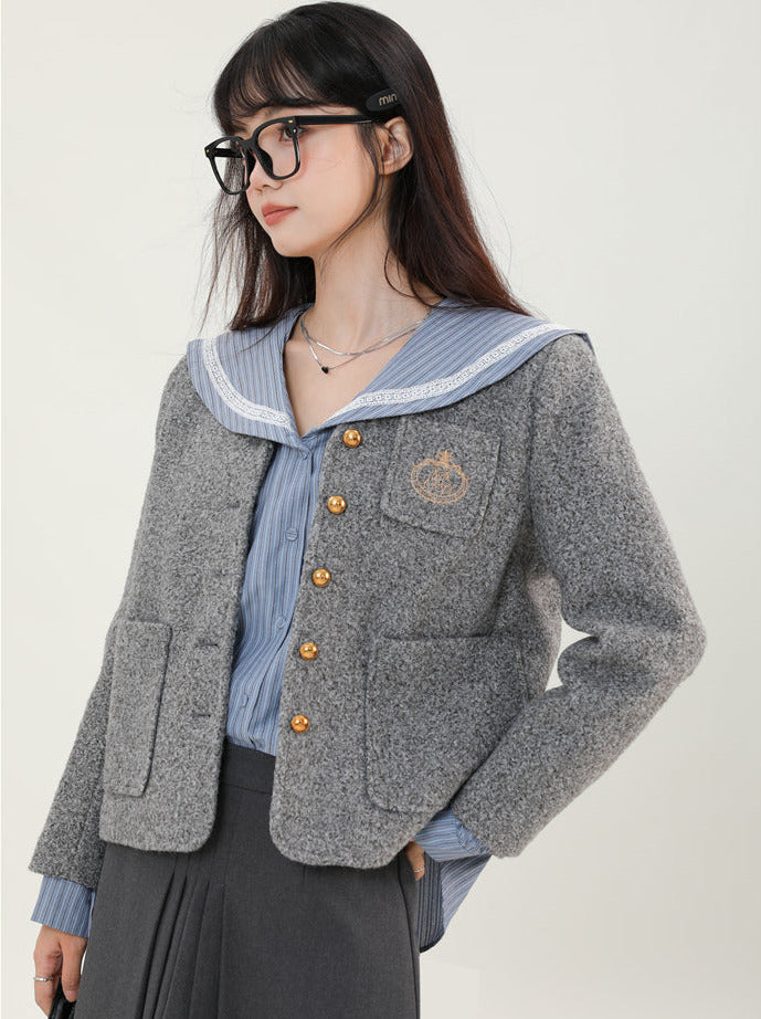 Stylish retro gray boa short jacket + blue striped sailor shirt + gray long skirt