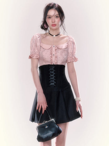 Ruffle Sweet Dot Puff Sleeve Top + Lace-Up High Waist Skirt