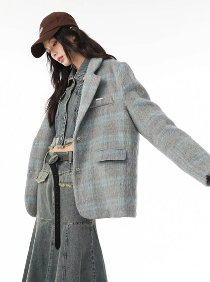 Trendy wool check retro loose jacket