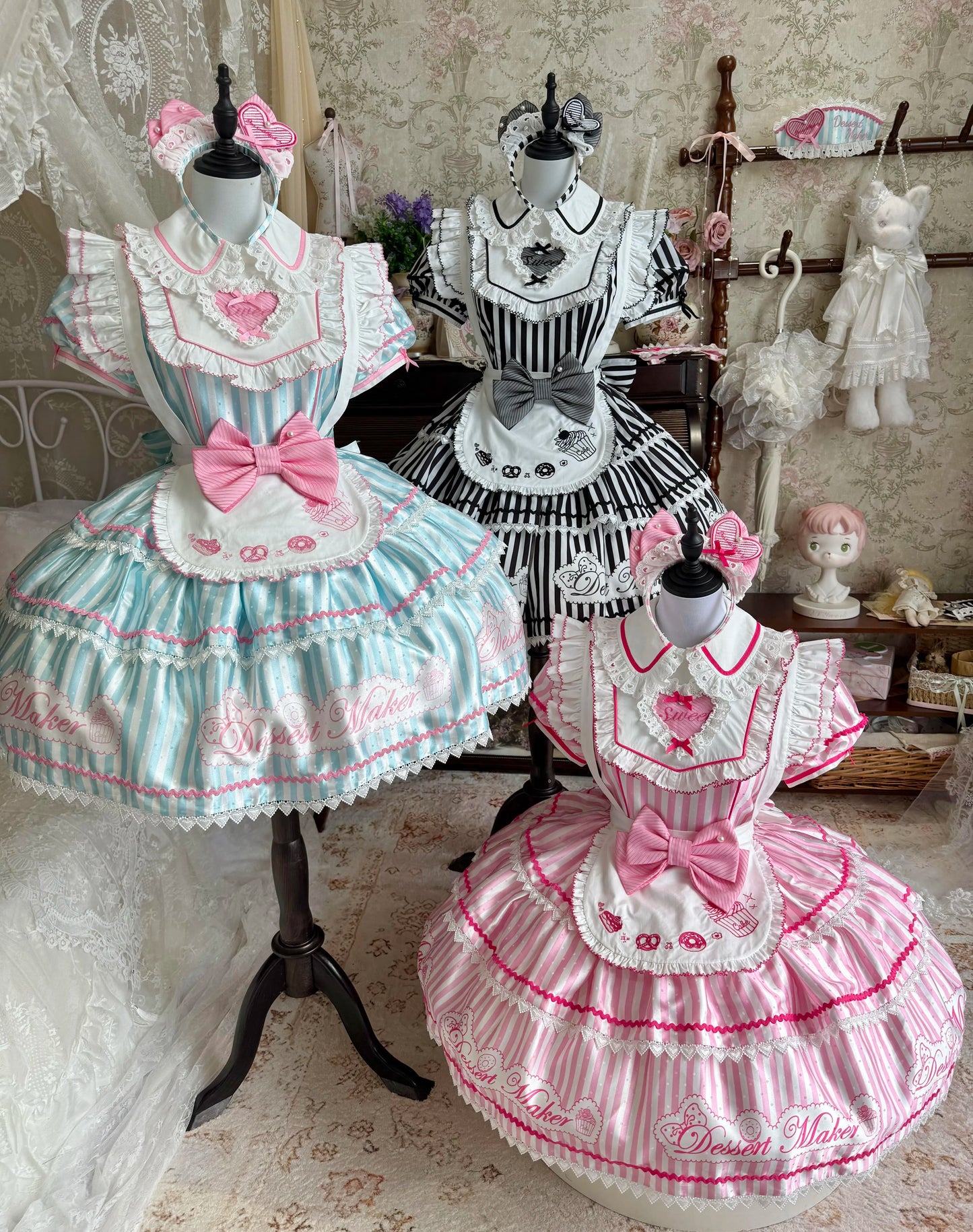 【6月18日予約締切】ピンク/ ブルー/ブラックスイートメイドロリータキャンディストライプティアードドレス＋ドレスセット1/2/3